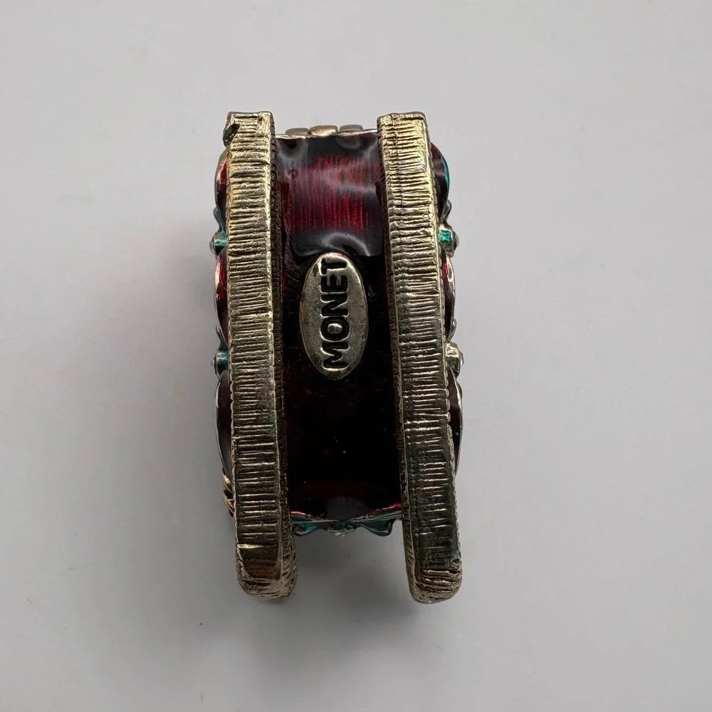Monet Enameled Christmas Sleigh Trinket Box Red Gold Tone Crystal Accents